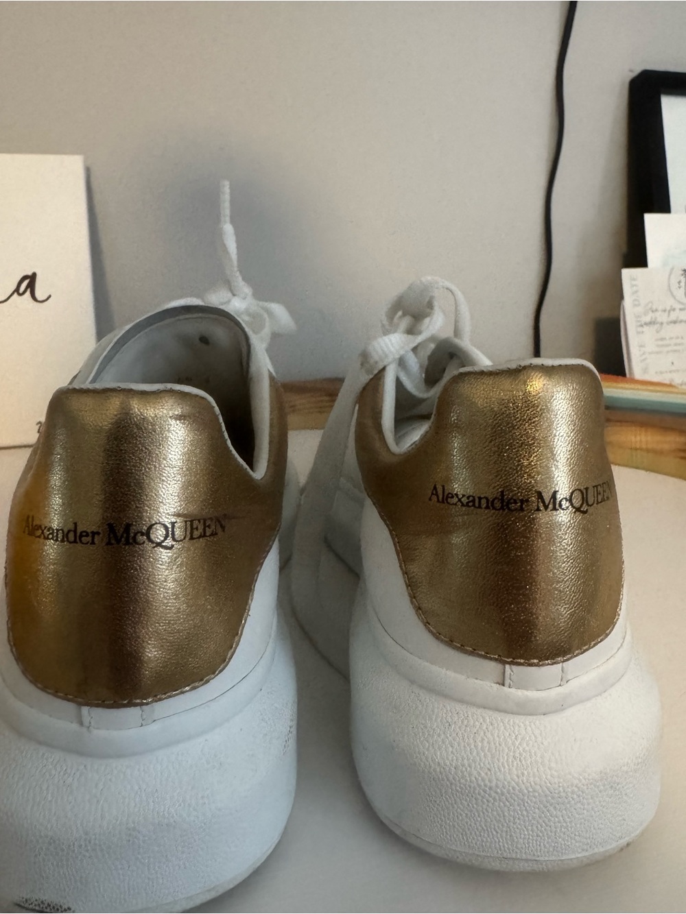 Alexander McQueen White Sneakers with Metallic Gold Heel